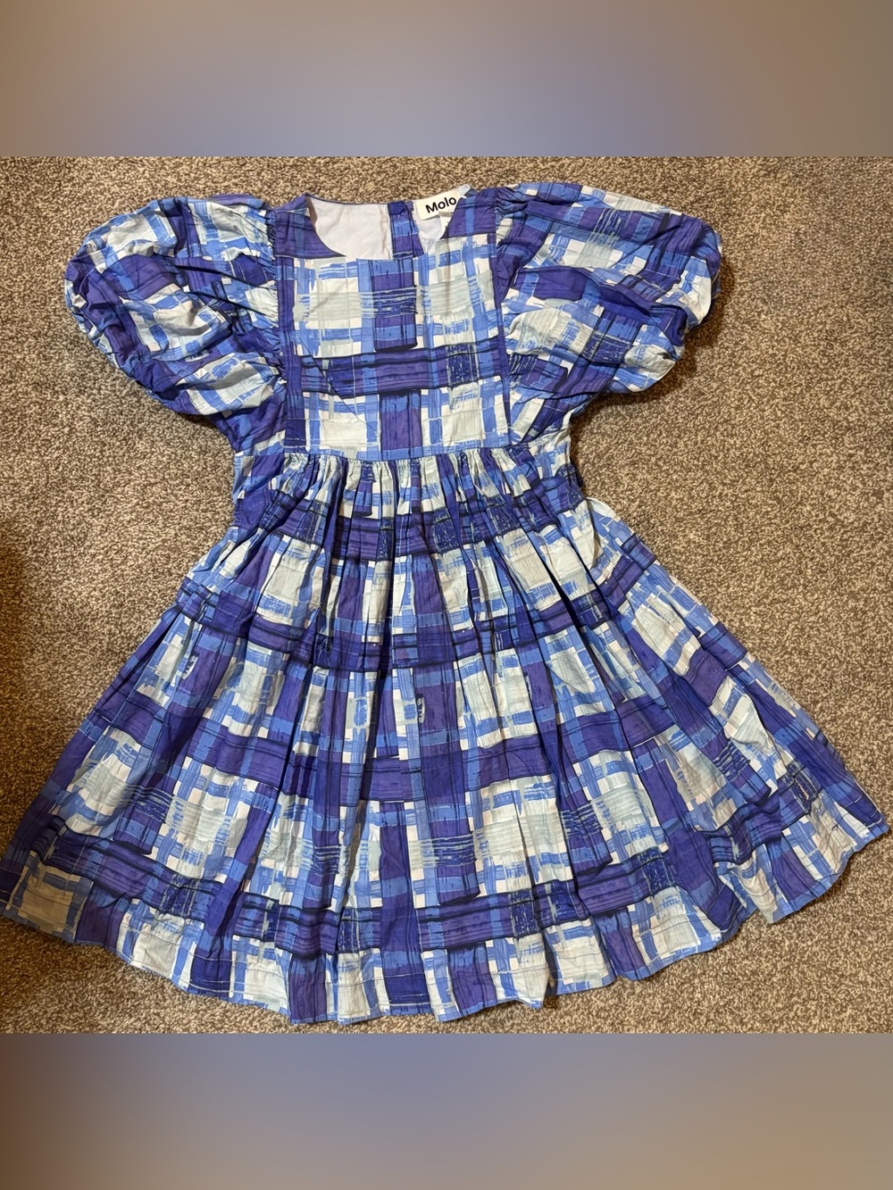 Molo Blue and White Plaid Puff-Sleeve Girls Dress